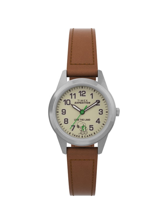 x Peanuts Expedition Field Mini 26mm Watch Take Care of the Earth Silver-Tone Case Natural Dial with Brown Ecco DriTan Leather Strap
