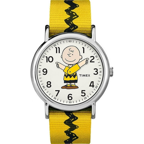 Timex x Peanuts Unisex Weekender 38mm Watch – Charlie Brown with Yellow & Black Fabric Slip-Thru Strap