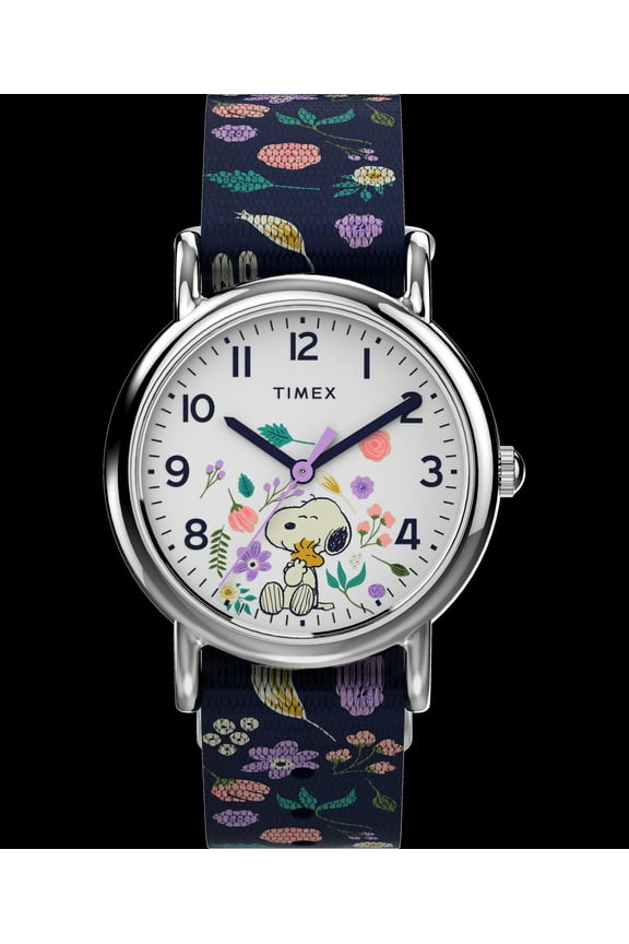 x Peanuts Women's Weekender 31mm Watch – Snoopy Silver-Tone Case White Dial with Blue Floral Fabric Slip-Thru Strap