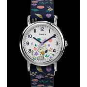 Timex x Peanuts Women Weekender 31mm Watch Snoopy Silver-Tone Case White Dial with Blue Floral Fabric Slip-Thru Strap