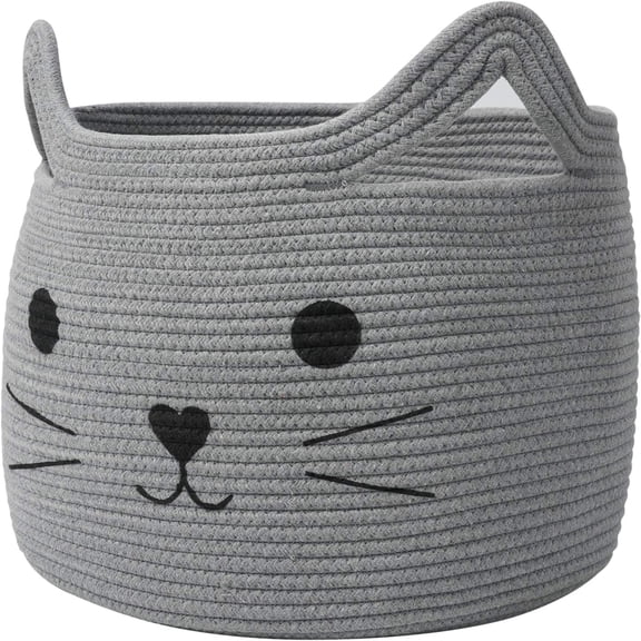 Timeyard Animal Baskets Large Woven Cotton Rope Storage with Cute Cat Design Laundry Organizer for Towels, Blanket, Toys, Clothes, Gifts – Cat Toy Box Pet or Baby Gift Baskets