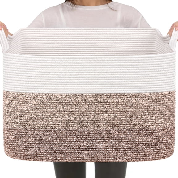 Timeyard Blanket Basket 106L Extra Large Cotton Rope Basket for for Storage, Rectangle woven Basket for Bedroom Livingroom, 24.9" x 15.9" x 15.9", Light Brown