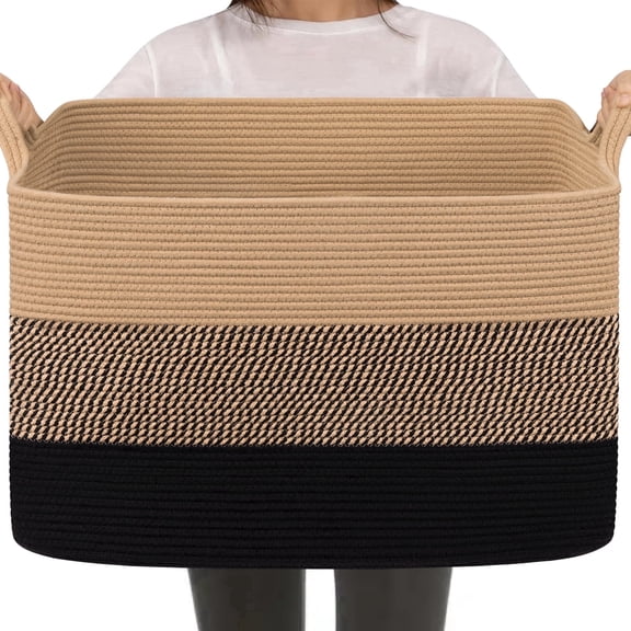 Timeyard Blanket Basket 106L Extra Large Cotton Rope Basket for for Storage, Rectangle woven Basket for Bedroom Livingroom, 24.9" x 15.9" x 15.9", Yellow Black