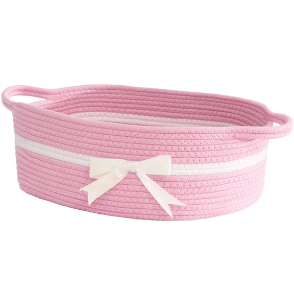 Timeyard Cotton Rope Pink Basket for Gifts, Baby Gift Baskets Empty, Small Woven Rope Storage Basket with Bow, Cute Gift Basket for Toys, Cats & Dogs Toys, Basket for Nursery Room (Pink)