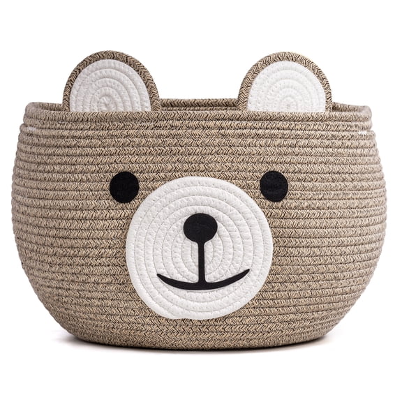 Timeyard Cotton Rope Baby Basket, Baby Gift Basket Nursery Laundry Organizer with Cute Bear Design for Storage Infant Newborn Essentials, Diaper Caddy with Handle (Light Brown)