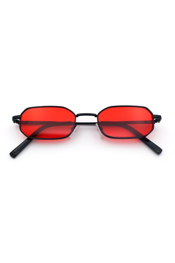 Timless Iconic Hipster Metal Rim Narrow Rectangle Snug Hustler Sunglasses Black - Red