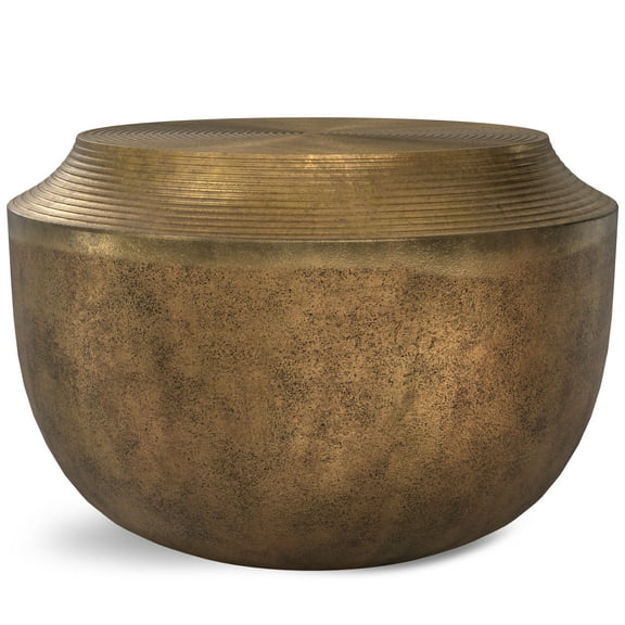 Timmons Cast Aluminum Coffee Table - 21" Round Drum, Antique Brass Finish, Handcrafted in India, Brown - Elegant Accent for Living Room, Den, Cocktail Use