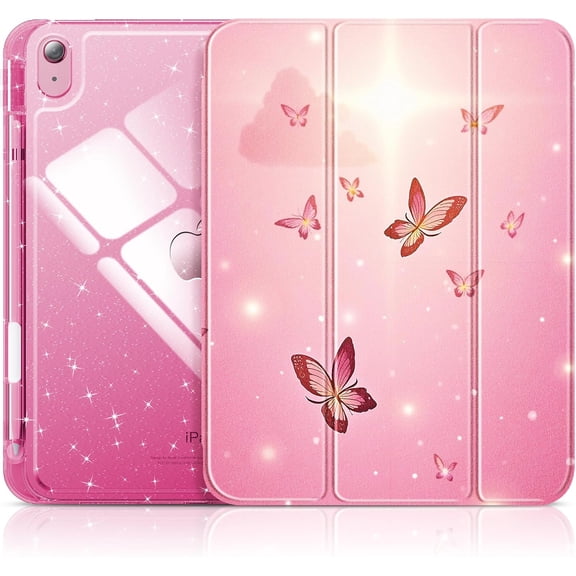 Timoom Compatible with iPad A16 11th Generation 11 Inch 2025 Case, iPad Case 10th Generation 10.9 Inch, Glitter Cover with Sparkly Clear Back, Pencil Holder, for Kids Girls (Pink Flutter)