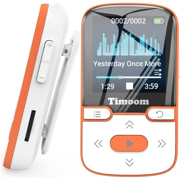 Timoom MP3 Player 32GB Bluetooth 5.0 with Clip Lossless Sound with FM Radio, Portable HiFi MP3 for Sports and Racing, Support SD USB TF Up to 128GB Card Orange