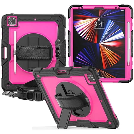 Timoom iPad Pro 12.9 Case 2021 5th Generation iPad Pro 12.9 Inch 2020 4th Generation Cases with Screen Protector Pencil Holder Kids Shockproof Rugged Silicone Cover 360 Stand Hand Strap