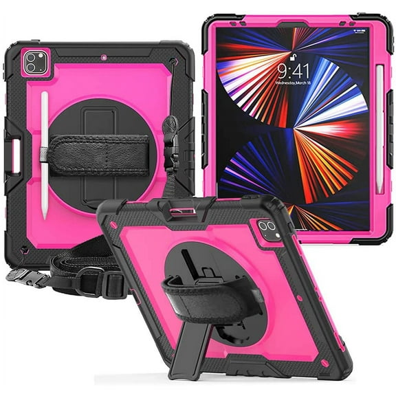Timoom iPad Pro 12.9 Case 2021 5th Generation iPad Pro 12.9 Inch 2020 4th Generation Cases with Screen Protector Pencil Holder Kids Shockproof Rugged Silicone Cover 360 Stand Hand Strap