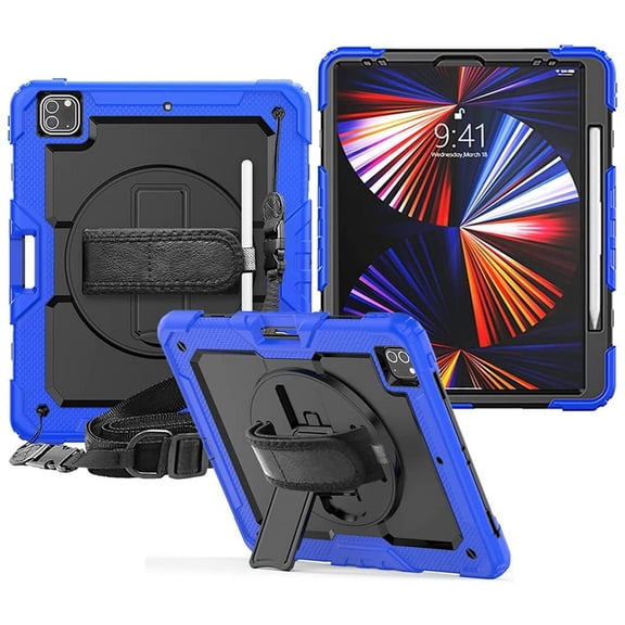 Timoom iPad Pro 12.9 Case 2021 5th Generation iPad Pro 12.9 Inch 2020 4th Generation Cases with Screen Protector Pencil Holder Kids Shockproof Rugged Silicone Cover 360 Stand Hand Strap