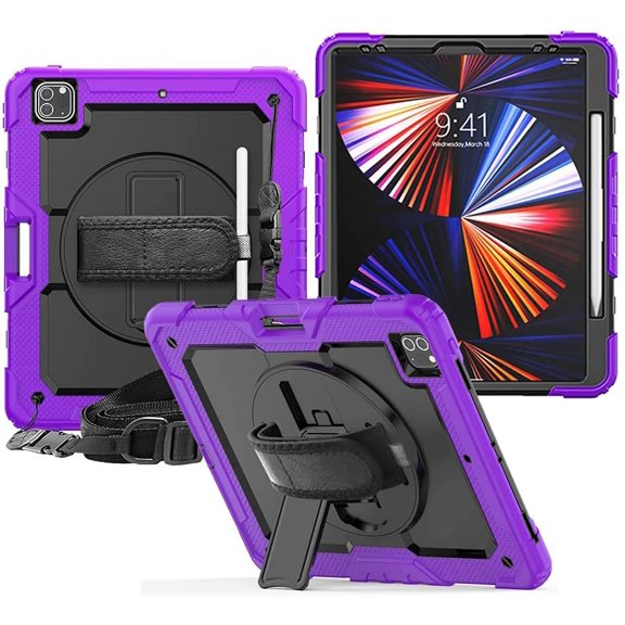 Timoom iPad Pro 12.9 Case 2021 5th Generation iPad Pro 12.9 Inch 2020 4th Generation Cases with Screen Protector Pencil Holder Kids Shockproof Rugged Silicone Cover 360 Stand Hand Strap