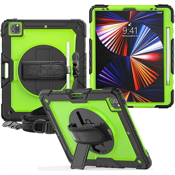 Timoom iPad Pro 12.9 Case 2021 5th Generation iPad Pro 12.9 Inch 2020 4th Generation Cases with Screen Protector Pencil Holder Kids Shockproof Rugged Silicone Cover 360 Stand Hand Strap