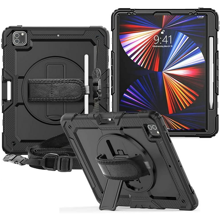 Timoom iPad Pro 12.9 Case 2021 5th Generation iPad Pro 12.9 Inch 2020 4th  Generation Cases with Screen Protector Pencil Holder Kids Shockproof Rugged  Silicone Cover 360 Stand Hand Strap 