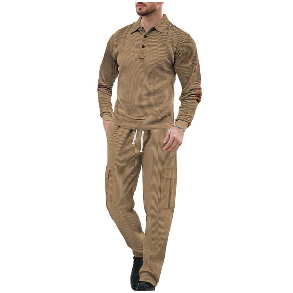Timoontee 2 Piece Corduroy Tracksuit for Men Long Sleeve Collared Quarter Button Shirts and Drawstring Pants Sets Loose Solid Daily Casual Sets Khaki M