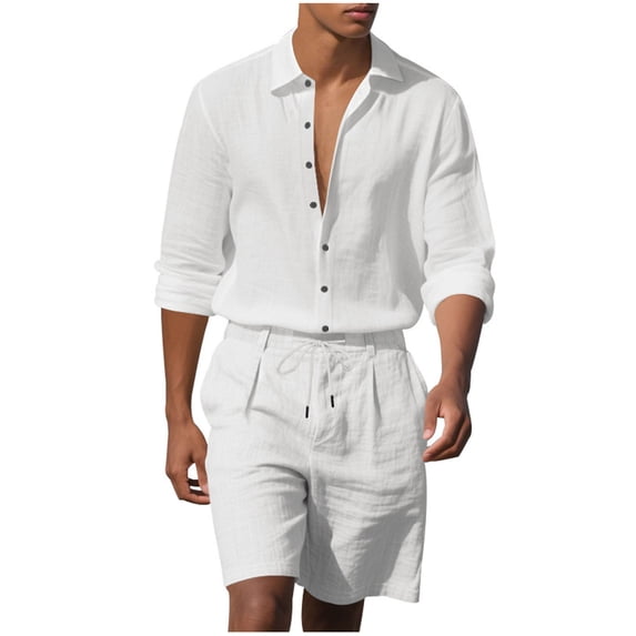 Timoontee 2 Piece Cotton Linen Sets for Men Lightweight Summer Beach Vacation Sets Casual Tracksuit Short Sleeve Collared Button Down Shirts with Drawstring Shorts White M