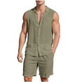thumbnail image 1 of Timoontee 2 Piece Cotton Linen Sets for Men Lightweight Summer Beach Vacation Sets Casual Tracksuits Button Down Sleeveless Collared Tank Shirts with Drawstring Shorts Army Green M, 1 of 9