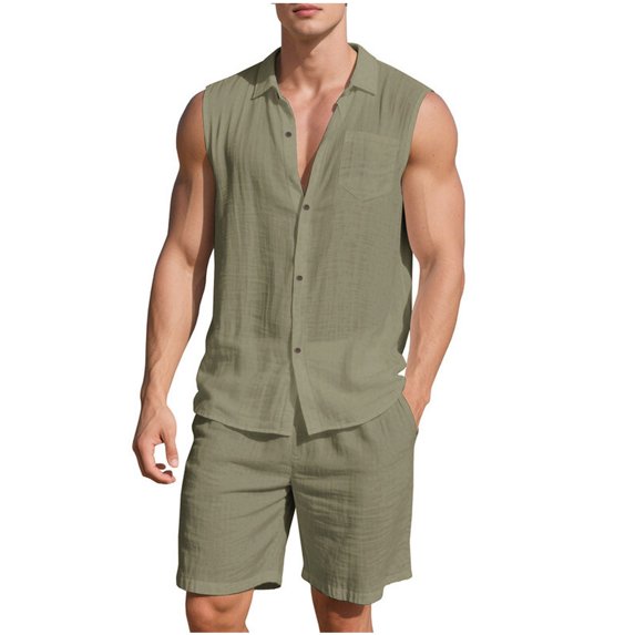 Timoontee 2 Piece Cotton Linen Sets for Men Lightweight Summer Beach Vacation Sets Casual Tracksuits Button Down Sleeveless Collared Tank Shirts with Drawstring Shorts Army Green M