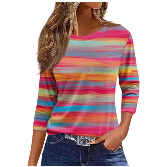 Timoontee 3/4 Length Sleeve Womens Tops Dressy Casual Crew Neck T Shirts Three Quarter Length Tunic Spring Tie Dye Striped Tops for Women Hot Pink 14
