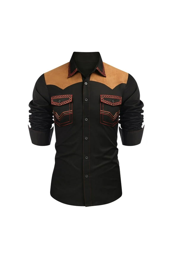 American Trends Mens Western Cowboy Style Shirts Long Sleeve Lapel Shirts Casual Button Down Shirts Country Shirt Black M