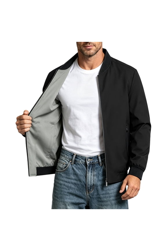 Baseball Collar Jacket For Men Solid Color Casual Zip-Up Stand Collar Coat Windproof Baseball Jacket For Spring And Autu Black S