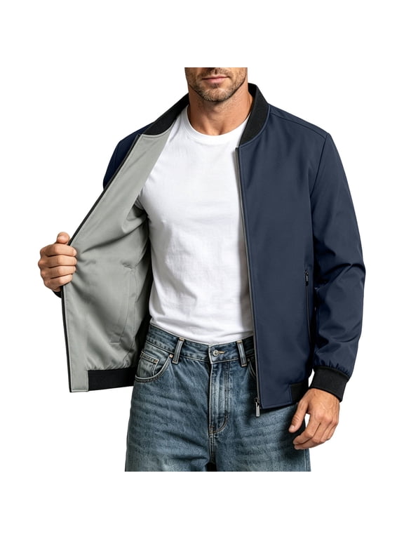 Baseball Collar Jacket For Men Solid Color Casual Zip-Up Stand Collar Coat Windproof Baseball Jacket For Spring And Autu Blue L