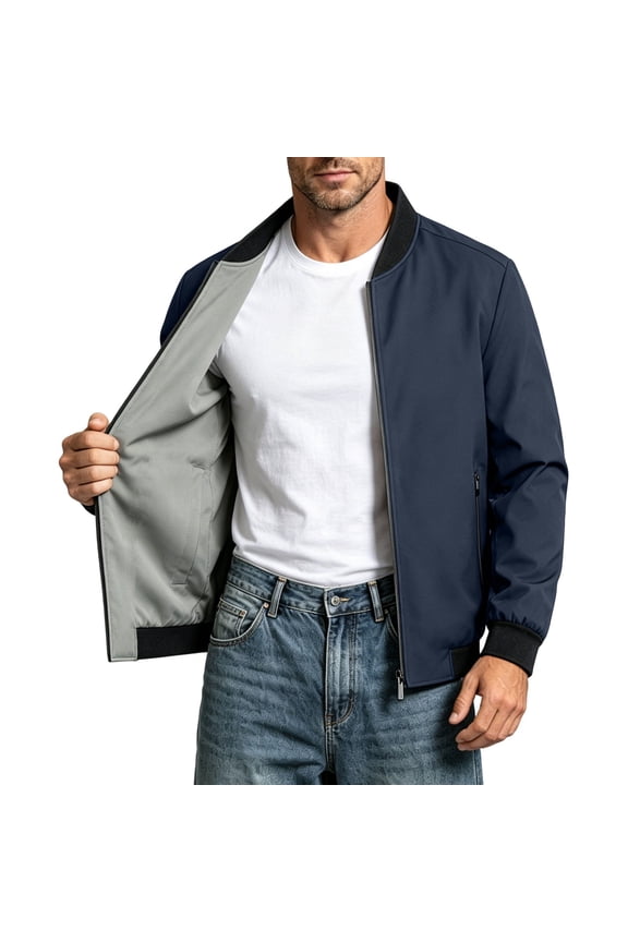 Baseball Collar Jacket For Men Solid Color Casual Zip-Up Stand Collar Coat Windproof Baseball Jacket For Spring And Autu Blue L