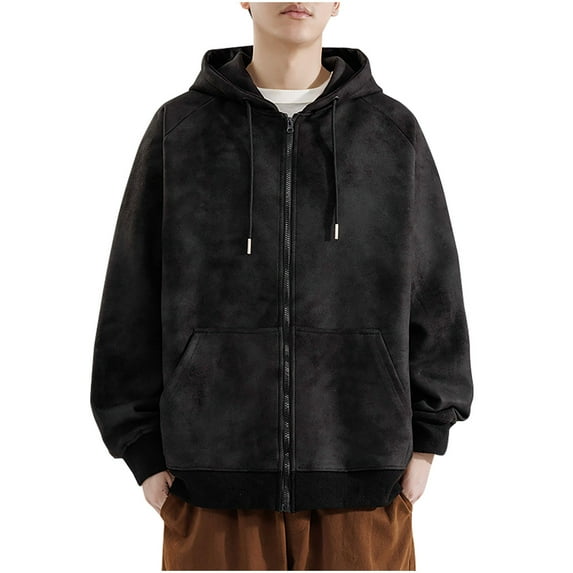 Timoontee Cardigan Hooded Sweatshirts for Men Loose Fit Long Sleeve Solid Big Pocket Full Zip Hoodies Fall Winter Trendy Casual Sweatshirts Black M