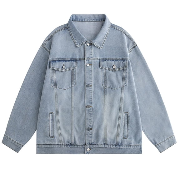 Timoontee Casual Denim Jacket Top Men's Lapel Workwear Jacket Top Solid Color Denim Lapel Long Sleeved Jacket Blue L