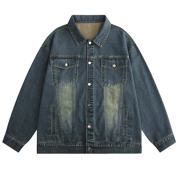 Timoontee Casual Denim Jacket Top Men's Lapel Workwear Jacket Top Solid Color Denim Lapel Long Sleeved Jacket Blue XXL