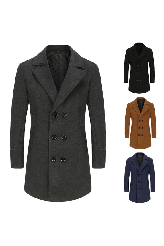 Classic Fit Trentch Coat for Men Casual Long Sleeve Notched Collar Jacket Winter Warm Pea Coat British Style Coat Solid Double Breasted Overcoat Black XXL