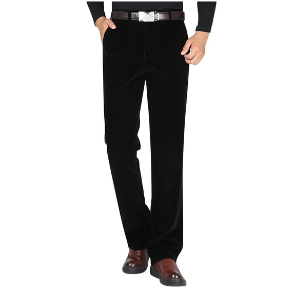 Timoontee Corduroy Pants for Men Modern Fit High Waist Straight Leg Casual Pants Zipper Pocket Trousers for Middle Age Men Black S