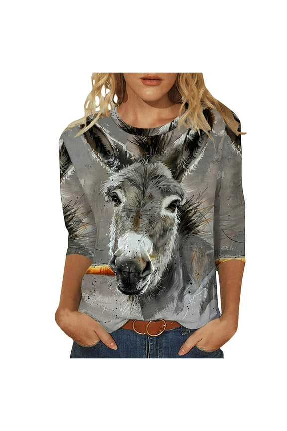 Cute 3/4 Sleeve Tops for Women 2024 Fashion Donkey Graphic Print T-Shirt Crew Neck 3/4 Sleeve Pullover Clothes Khaki 8