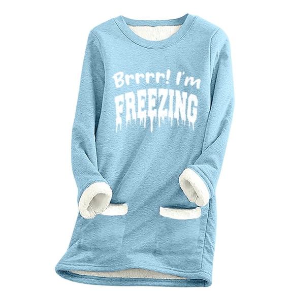 Timoontee FREEZING Letter Print Sweatshirt Women Funny Letter Tops Sherpa Fleece Lined Loungwear with Pocket Plus Size Blue 4