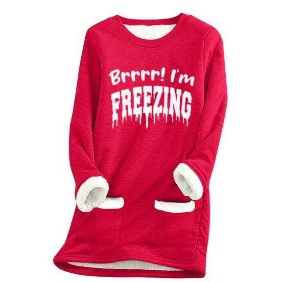 Timoontee FREEZING Letter Print Sweatshirt Women Funny Letter Tops Sherpa Fleece Lined Loungwear with Pocket Plus Size Red 8