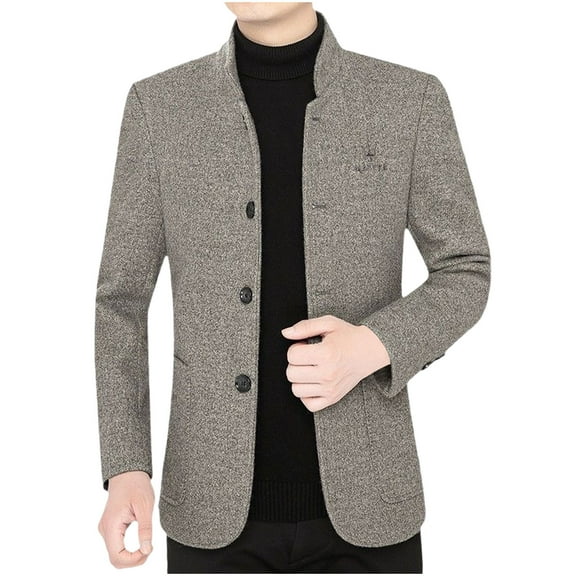 Timoontee Fleece Jackets for Men Daily Business Casual Suit Jacket Long Sleeve Stand Collar Single Breasted Jacket Casual Stylish Jacket Coat Gray XL