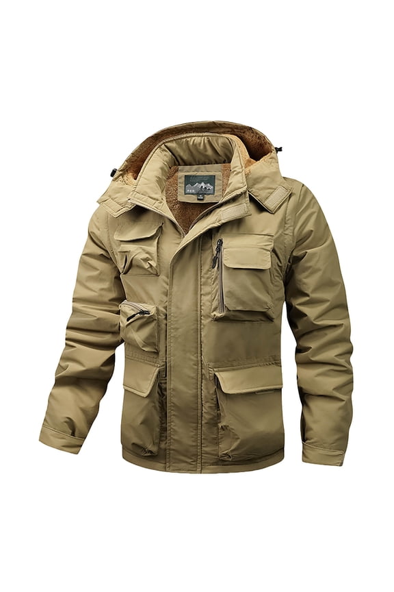 Fleece Lined Jacket for Men Tactical Jacket Outdoor Casual Hiking Waterproof Windbreaker Solid Zip Up Coat with Detachable Arm & Hood Khaki XXXXXL