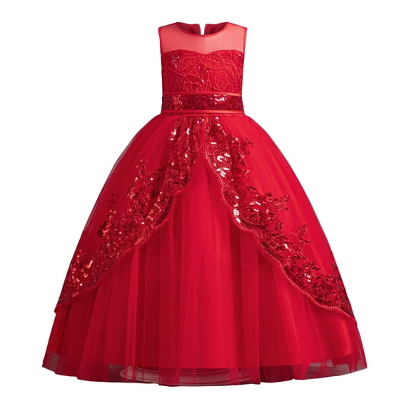 Timoontee Flower Girl Baby Girl Lace Embroidery Tutu Dress Pageant Formal Birthday Party Dress Christening Baptism Gown Mesh Princess Bow Dress Red 4-5 Years