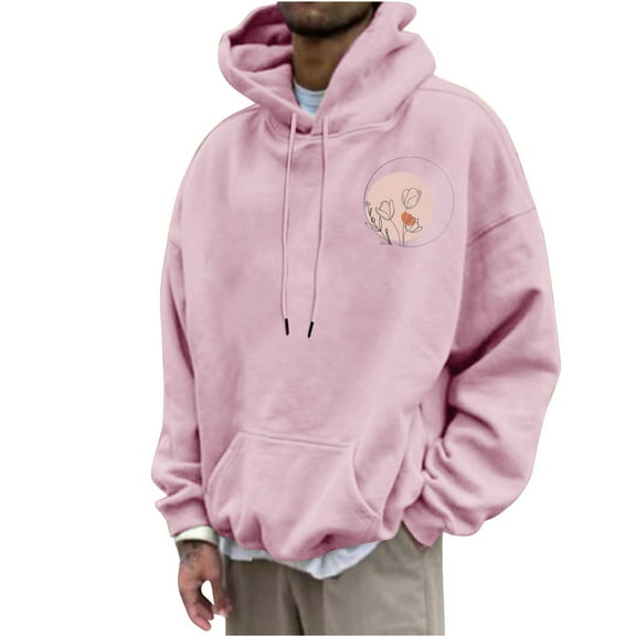 Timoontee Hooded Sweatshirts for Men Relaxed Fit Hoodies Fall Winter Warm Thick Pullover Casual Tops Lightweight Solid Kangaroo Pocket Sweatshirts Pink M