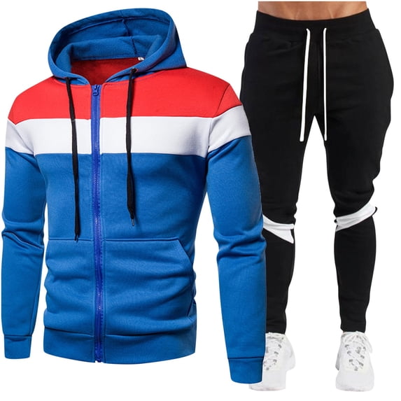 Timoontee Hoodies for Men Color Block Sweatsuits Long Sleeve Zipper Sweatshirts with Drawstring Elastic Waist Joggers Casual Workout Clothes 2 Piece Set Blue XL