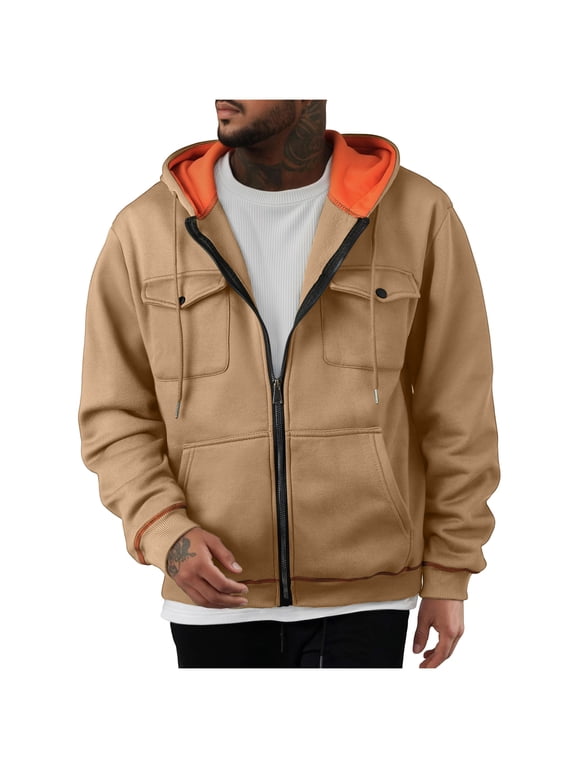 Hoodies for Men Solid Full Zip Sweatshirts Loose Fit Sweatshirt Outdoor Casual Hoodie Long Sleeve Cargo Sweatshirt With Pockets Khaki S