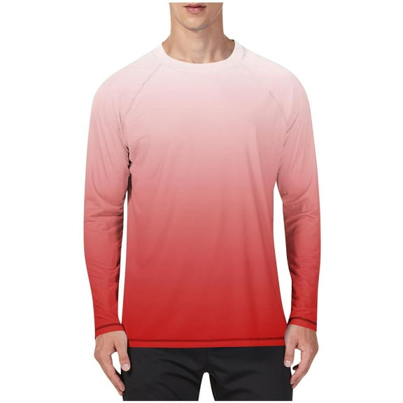 Timoontee Ice Slik T-Shirts for Men Long Sleeve Crew Neck Sun Protection Shirts Gradient Color Lightweight Shirts Watermelon Red S