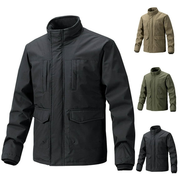 Timoontee Jacket for Men Casual Stand Collar Jacket Outdoor Travel Hiking Windproof Jacket Solid Single Breasted Jacket Coat with Multi Pockets Army Green L