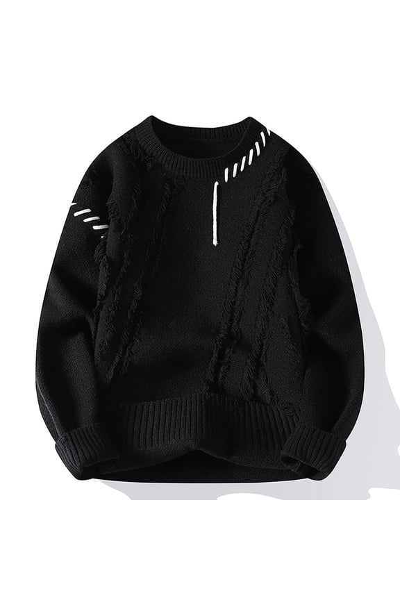 Knit Sweater for Men Casual Comfy Crewneck Sweater Solid Long Sleeve Pullover Tops Fall Winter Warm Sweaters Jacquard Textured Sweater Black L