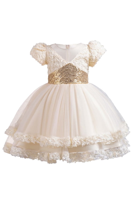 Lace Flower Girls Sequins Bowknot Tutu Dress for Kids Puff Sleeve Baby Christening Baptism Communion Birthday Party Wedding Dresses Gold 160 US(160)