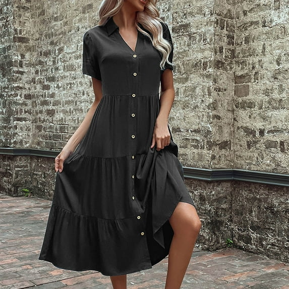 Black and Friday Timoontee Ladies Turndown Collar Button Patchwork Long Dress V-Neck Short Sleeve Dress Retro Solid Trendy Boho Formal Vacation Beach Business Skater Dresses XL Black