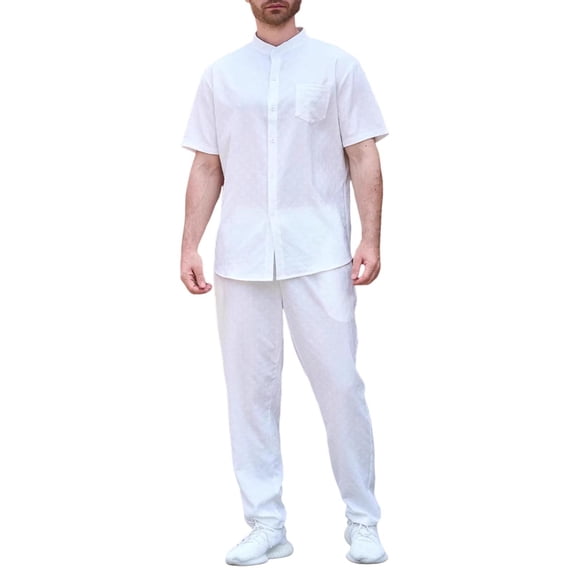 Timoontee Lightweight Summer Sets for Men 2 Piece Tracksuit Button Down Short Sleeve Mock Neck Shirts with Drawstring Pants Solid Daily Casual Outfits White M