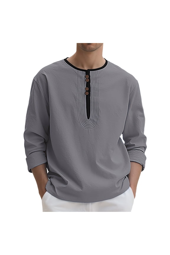 Linen Shirts for Men Casual Long Sleeve Crewneck Trendy Pullover Tops Loose Fit Breathable Quarter Button Solid Shirts Gray M