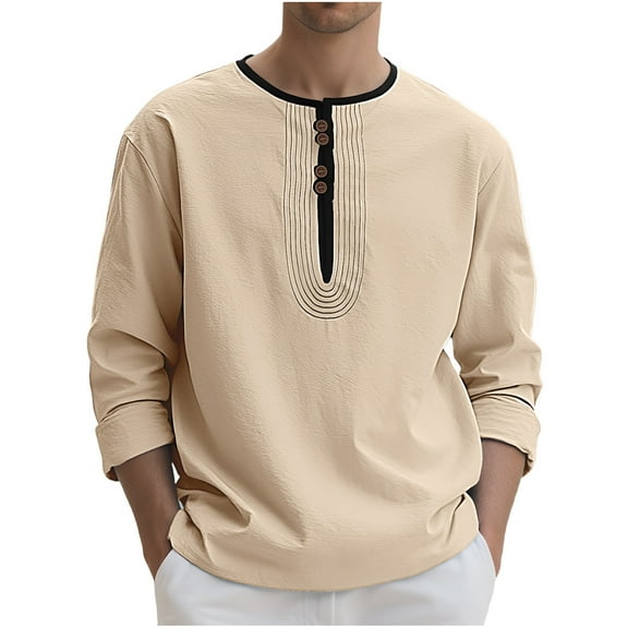 Timoontee Linen Shirts for Men Casual Long Sleeve Crewneck Trendy Pullover Tops Loose Fit Breathable Quarter Button Solid Shirts Khaki XXL